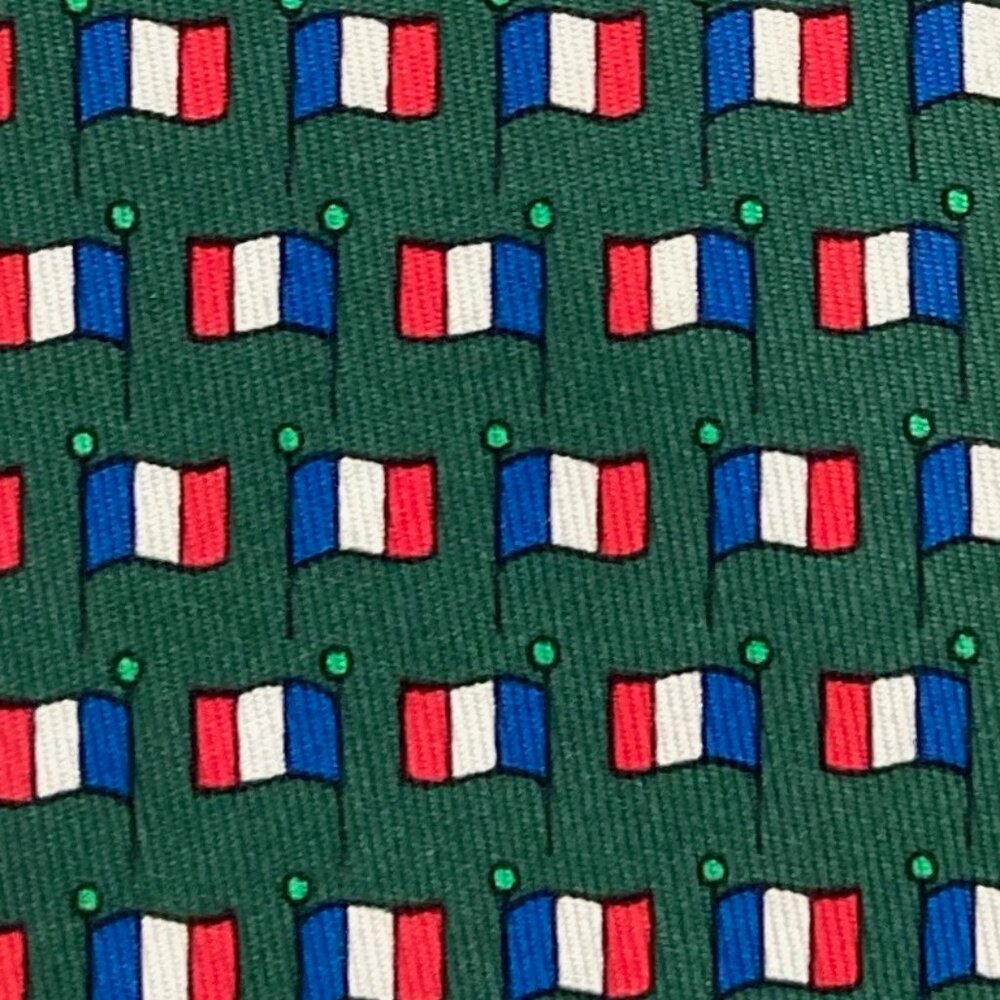 100% REAL HERMES TIE ~ DARKER GREEN w FUN RED WHITE BLUE FRENCH FLAG TRICOLOR